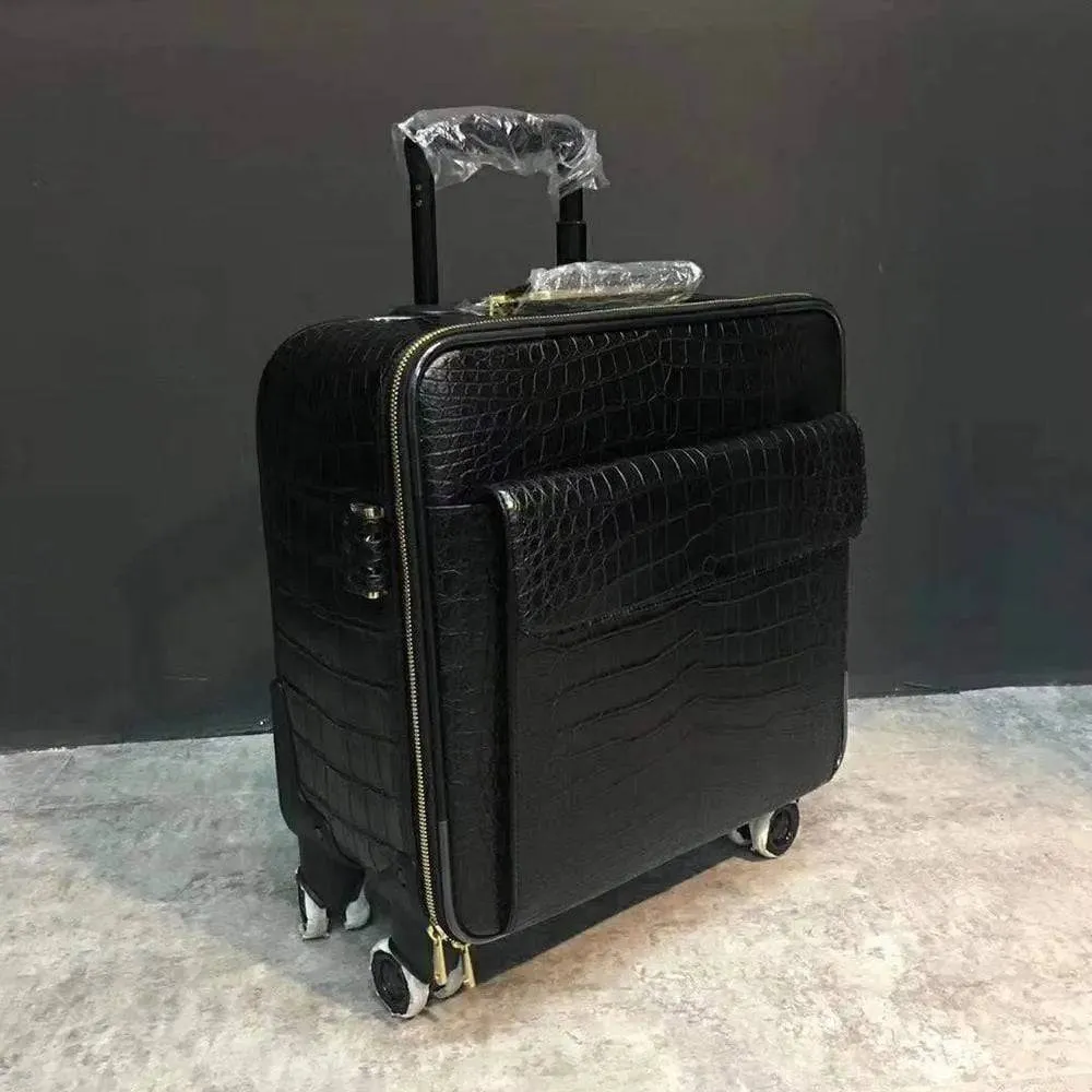 Trolley/Roll Aboard Suitcase Black Crocodile Belly Skin Leather Weekend/Travel Bag Trolley Case Universal Wheels Box Suitcase Pull Case