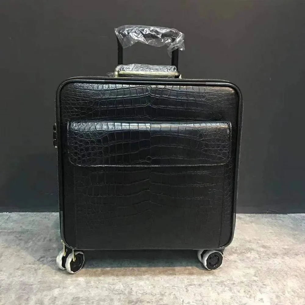 Trolley/Roll Aboard Suitcase Black Crocodile Belly Skin Leather Weekend/Travel Bag Trolley Case Universal Wheels Box Suitcase Pull Case