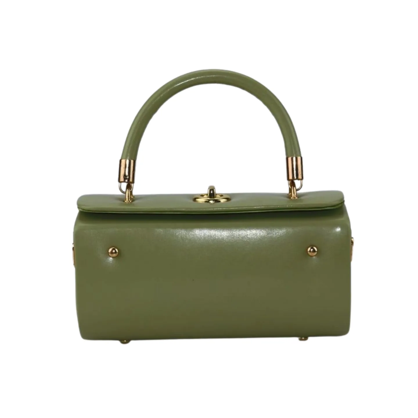 Unique Cylindrical top Handle Handbag with Gold Accents and Detachable Strap