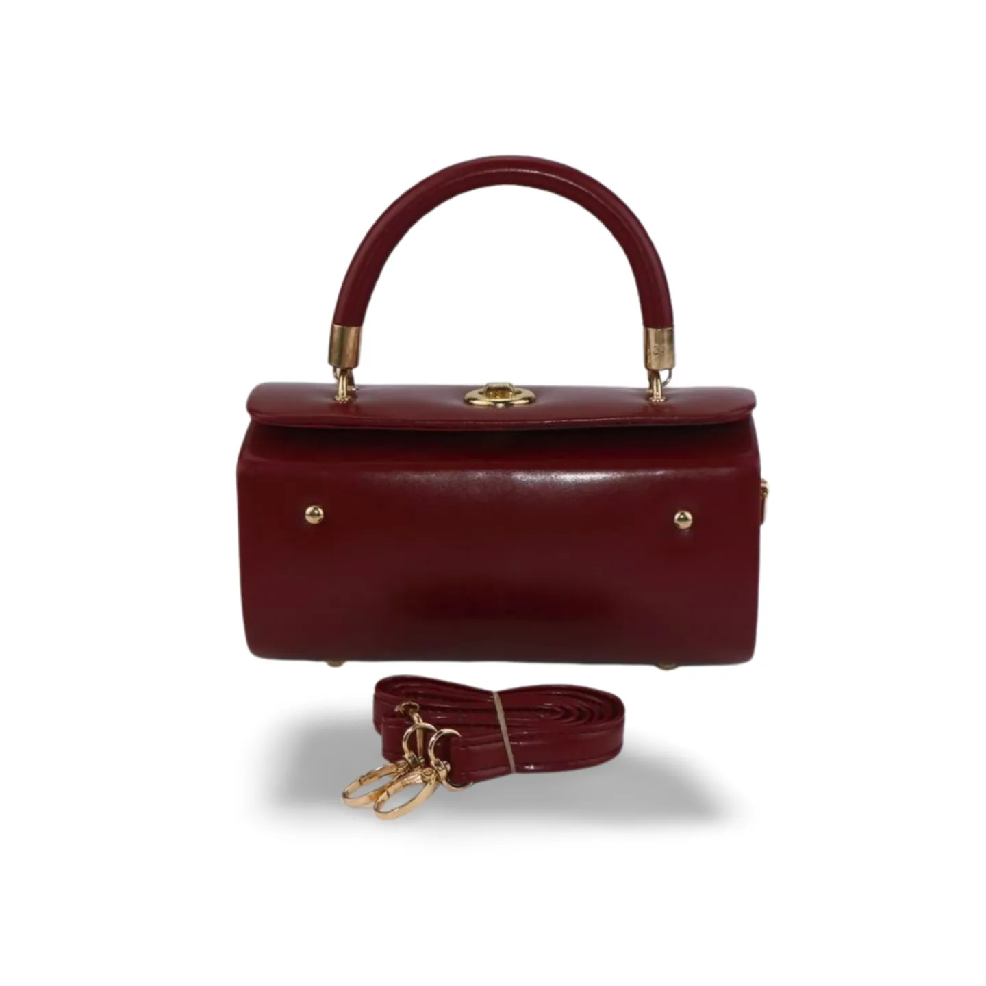 Unique Cylindrical top Handle Handbag with Gold Accents and Detachable Strap