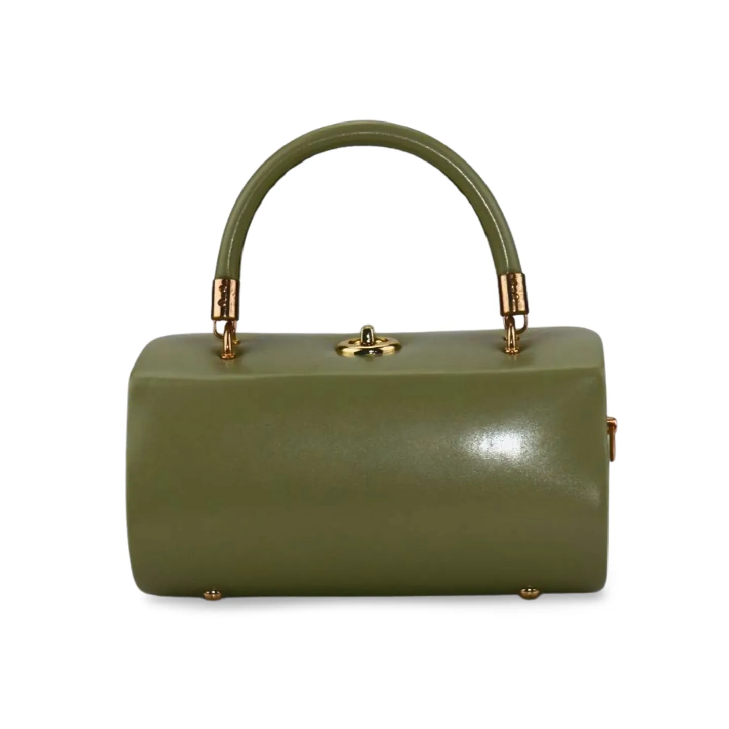 Unique Cylindrical top Handle Handbag with Gold Accents and Detachable Strap