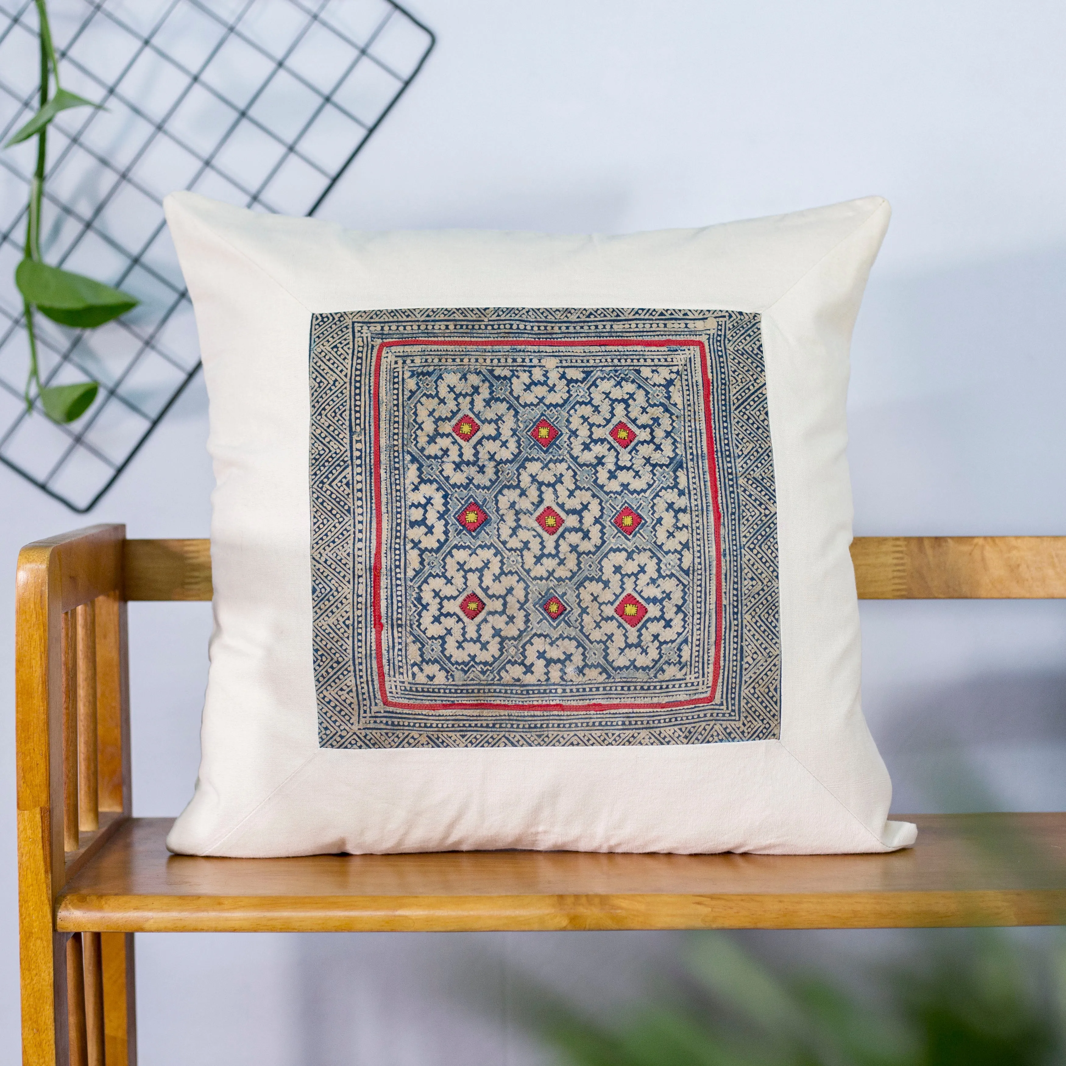 Unique Pattern, White Linen Cushion Cover, H'mong vintage cloth, batik painting pattern