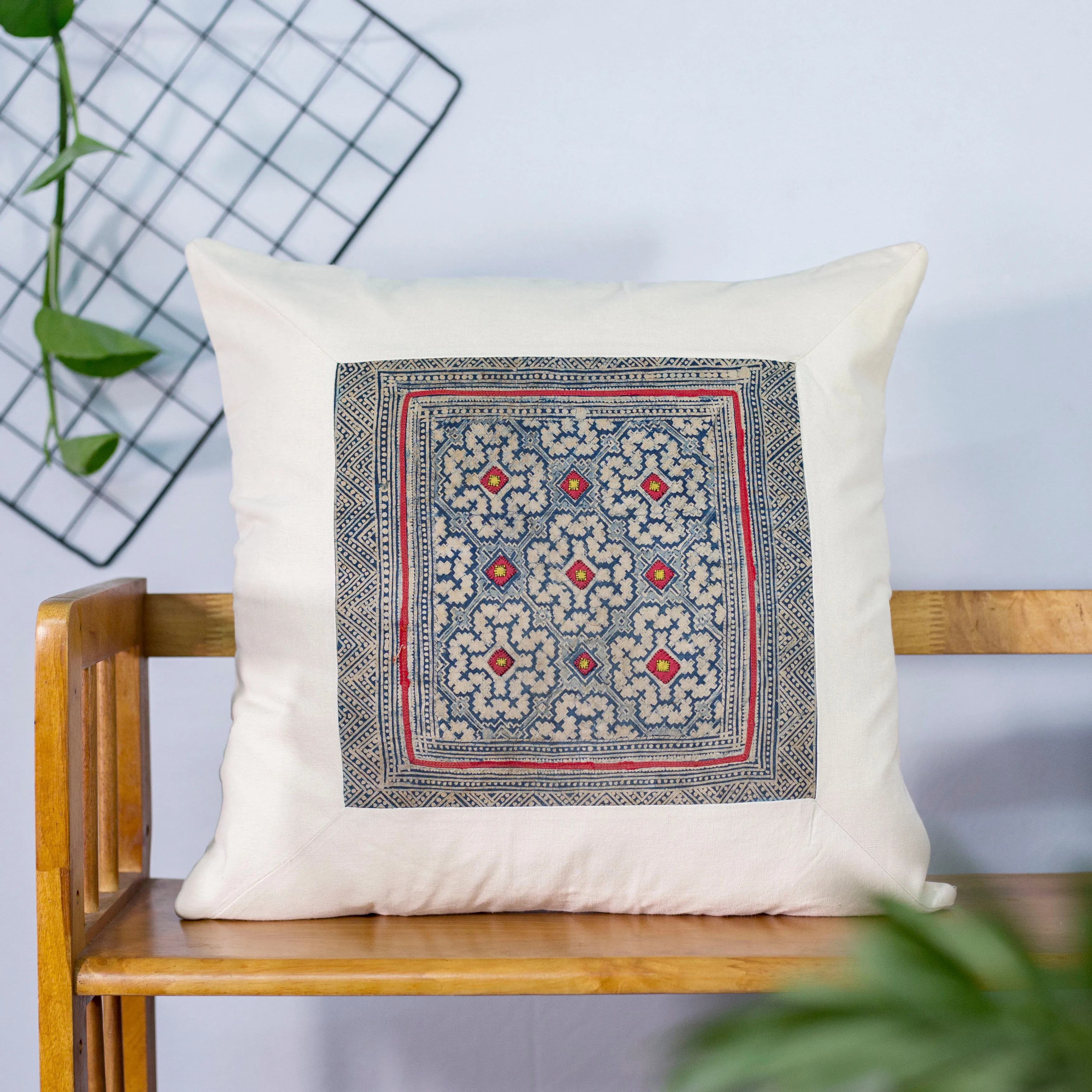 Unique Pattern, White Linen Cushion Cover, H'mong vintage cloth, batik painting pattern