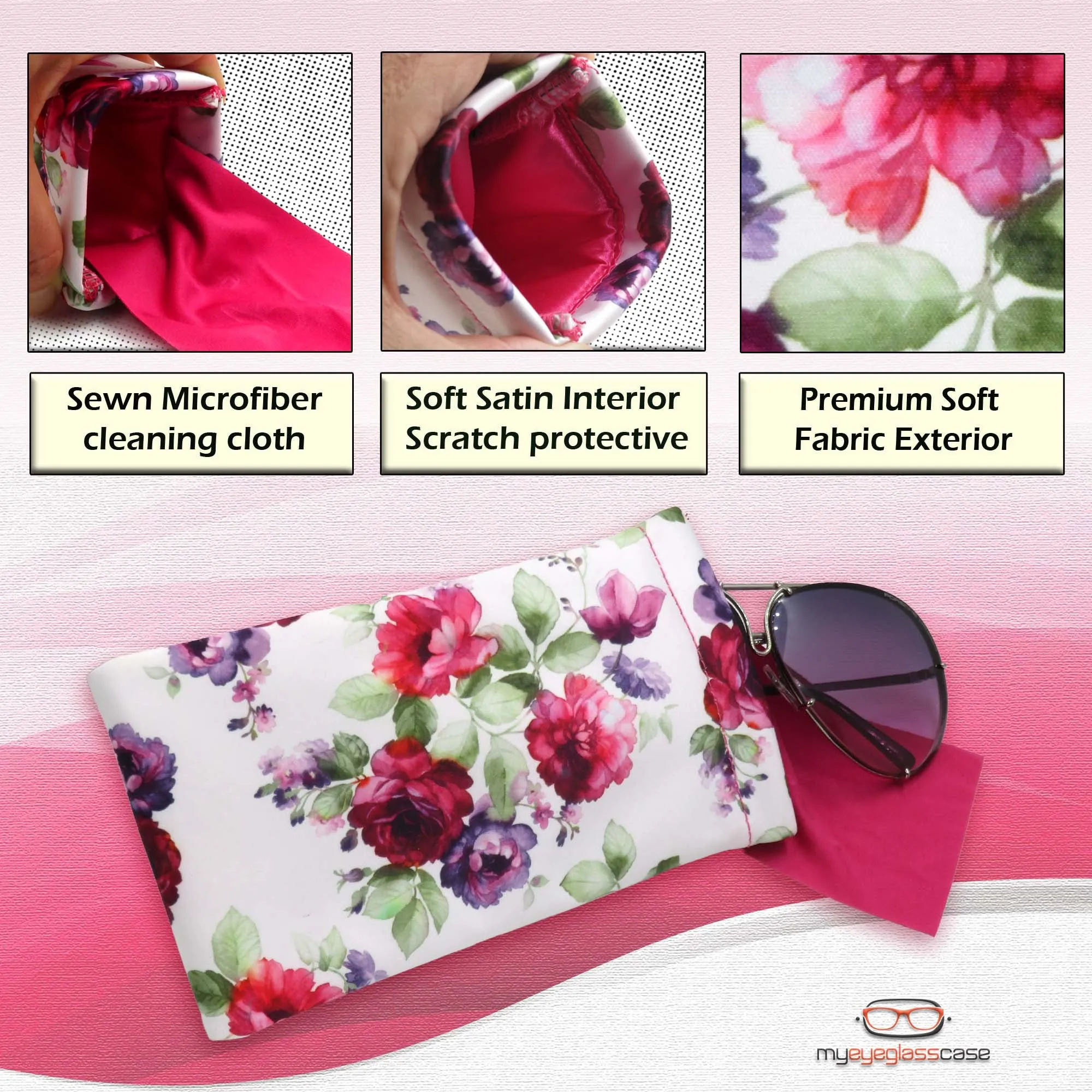 Women floral Hard Eyeglass Case with soft Sunglasses Pouch - medium Glasses Case with pouch and cloth  (Combo Cranberry Rose)