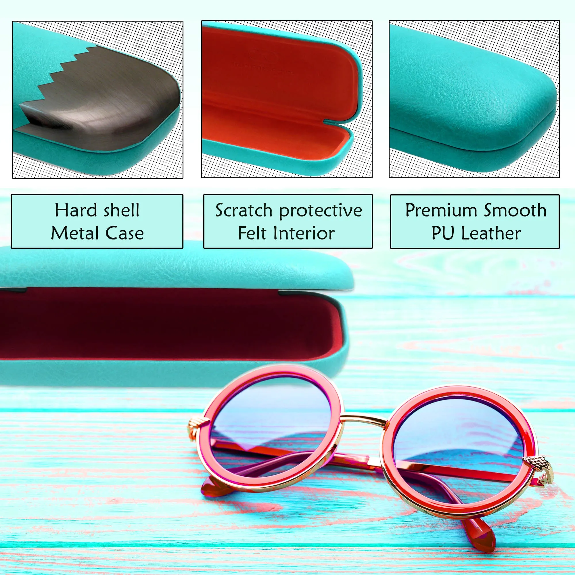 Women hard eyeglass case Medium size Frame - Glasses Holder Case w/Pouch & Cloth (AS126 Teal)