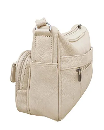 Women's genuine leather cross body shoulder strap organizer purse, cream