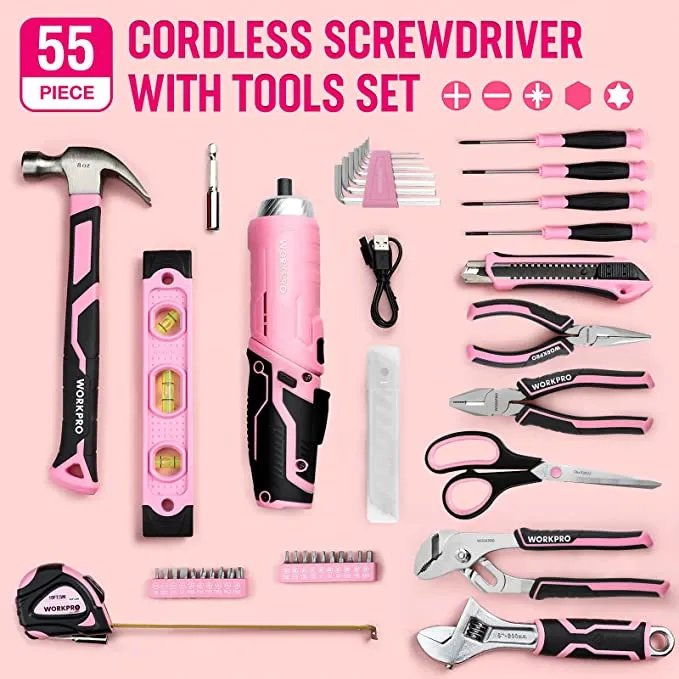 WORKPRO - #W009143 - 53pc Pink Tool Set with 3.7V Rotatable Cordless Screwdriver